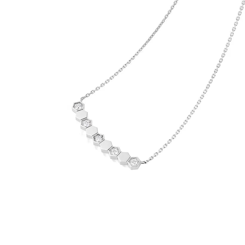 Minimal Honeycomb Bar Necklace White Gold with Diamonds