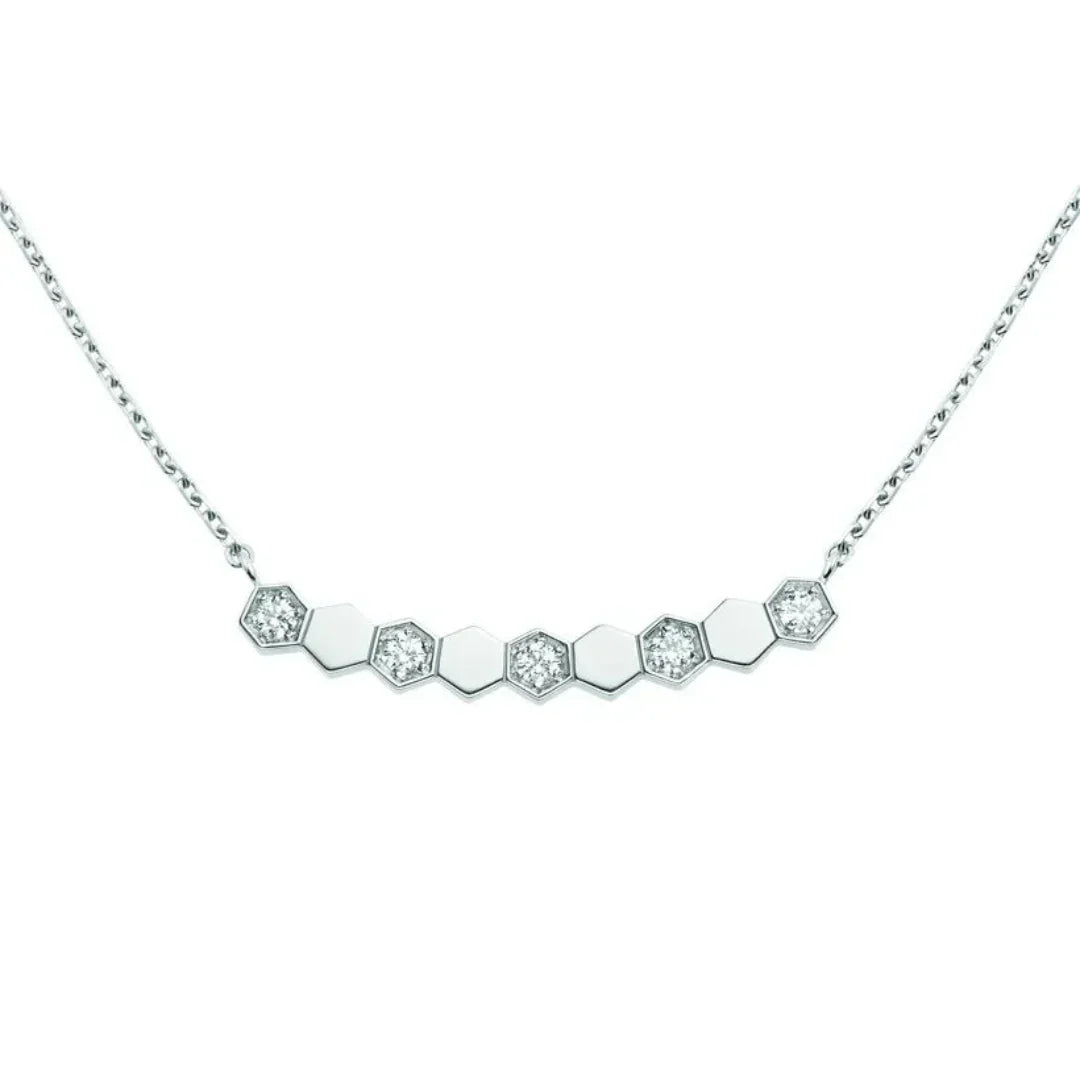 Minimal Honeycomb Bar Necklace White Gold with Diamonds