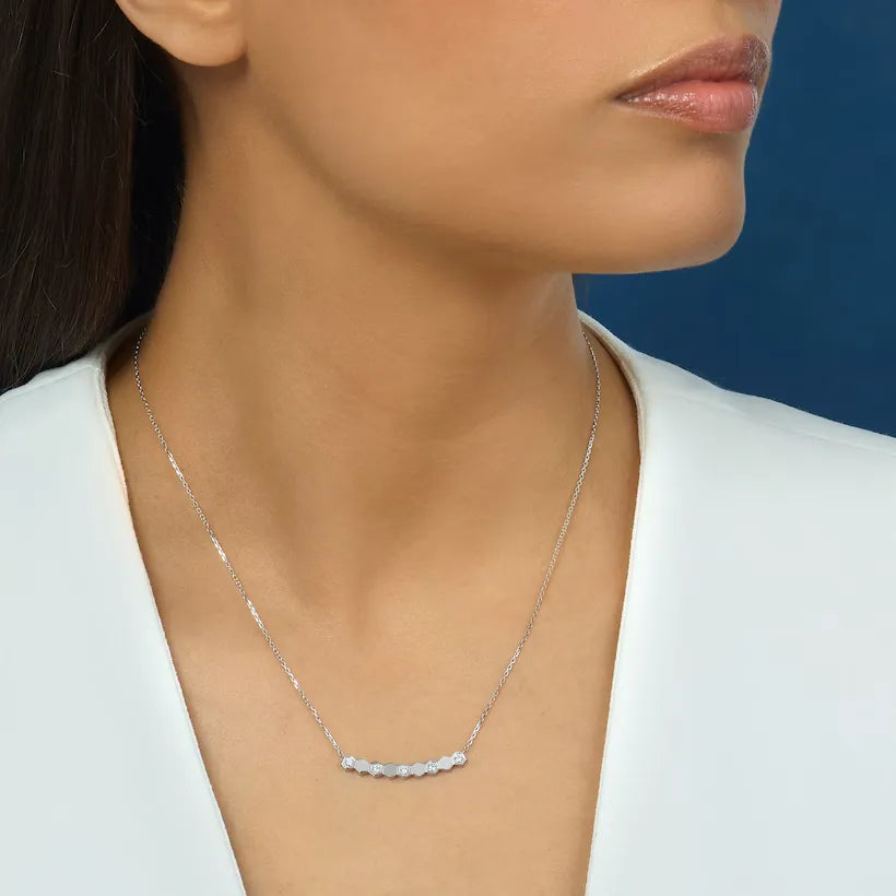 Minimal Honeycomb Bar Necklace White Gold with Diamonds