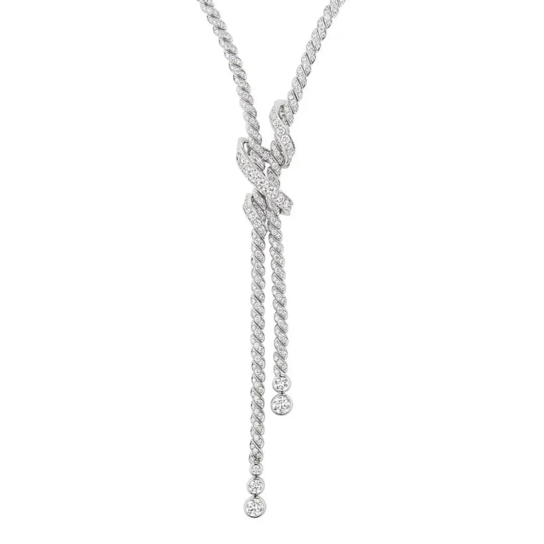 Twisted Knot Lariat Necklace White Gold Full Diamonds