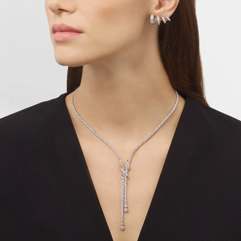 Twisted Knot Lariat Necklace White Gold Full Diamonds