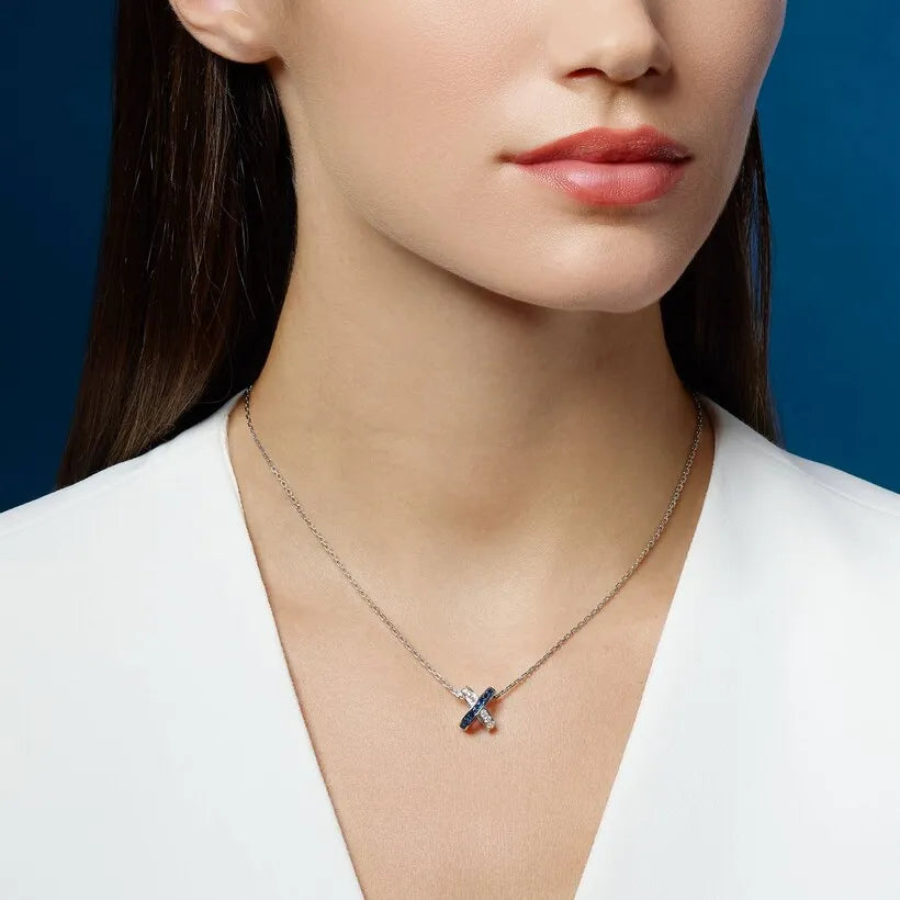 Criss Cross Blue Sapphire Necklace White Gold