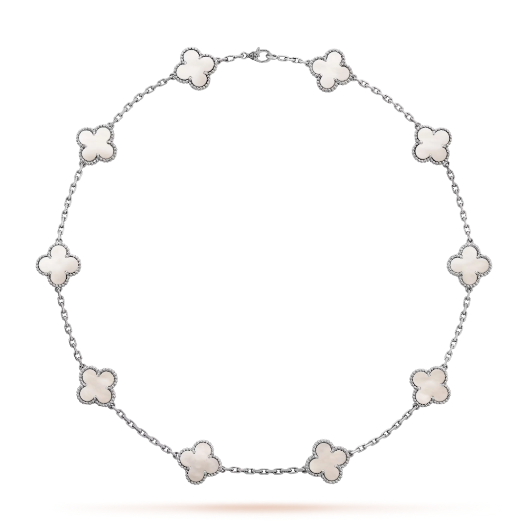Clover Motif Long Necklace White Gold