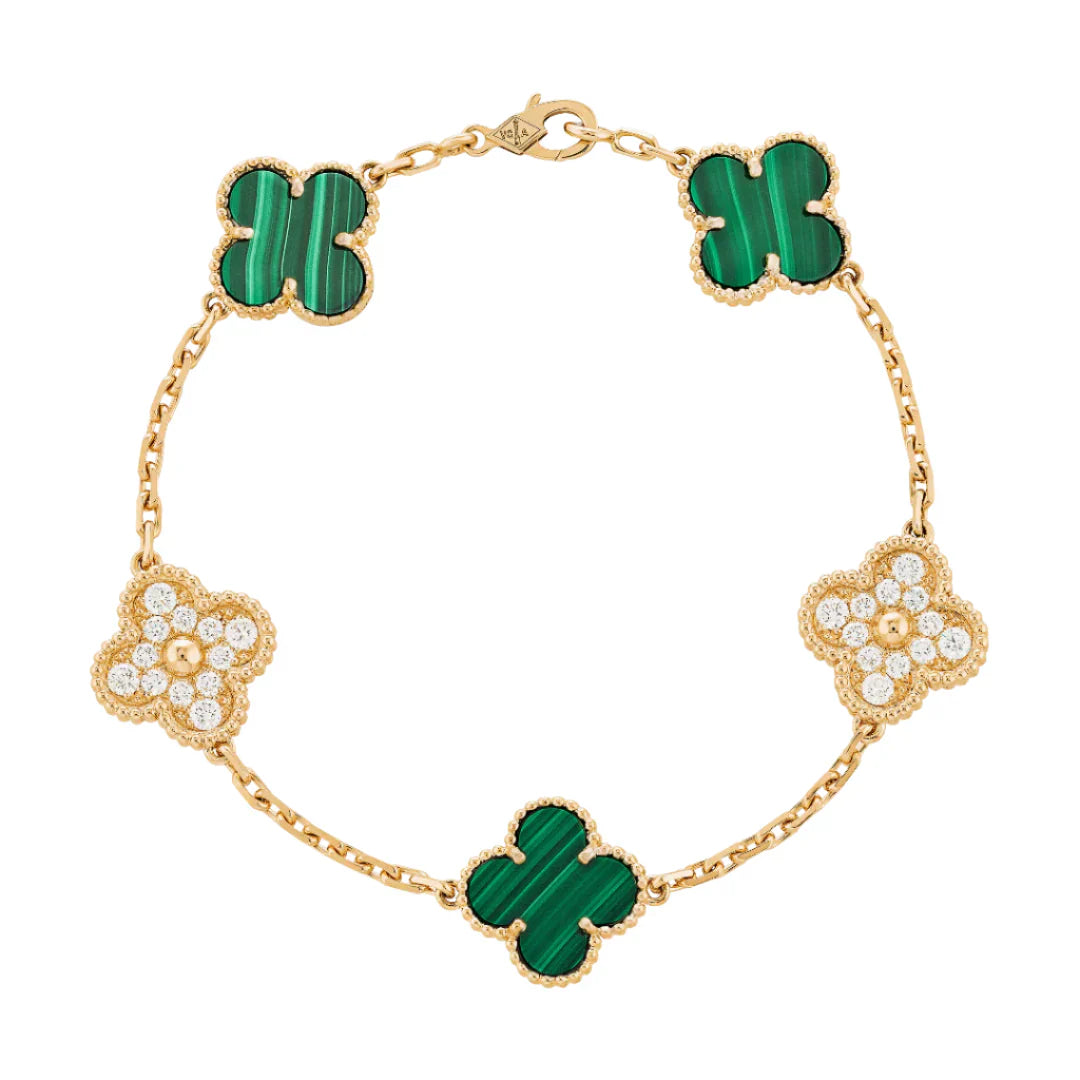 Vintage Alhambra Bracelet 5 Motifs Yellow Gold Malachite and Diamonds