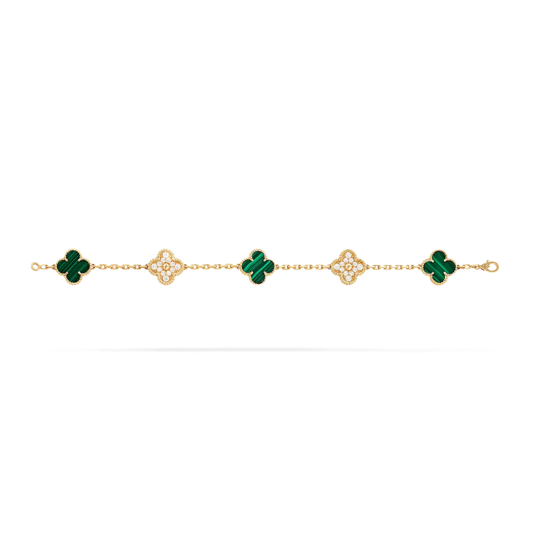 Vintage Alhambra Bracelet 5 Motifs Yellow Gold Malachite and Diamonds