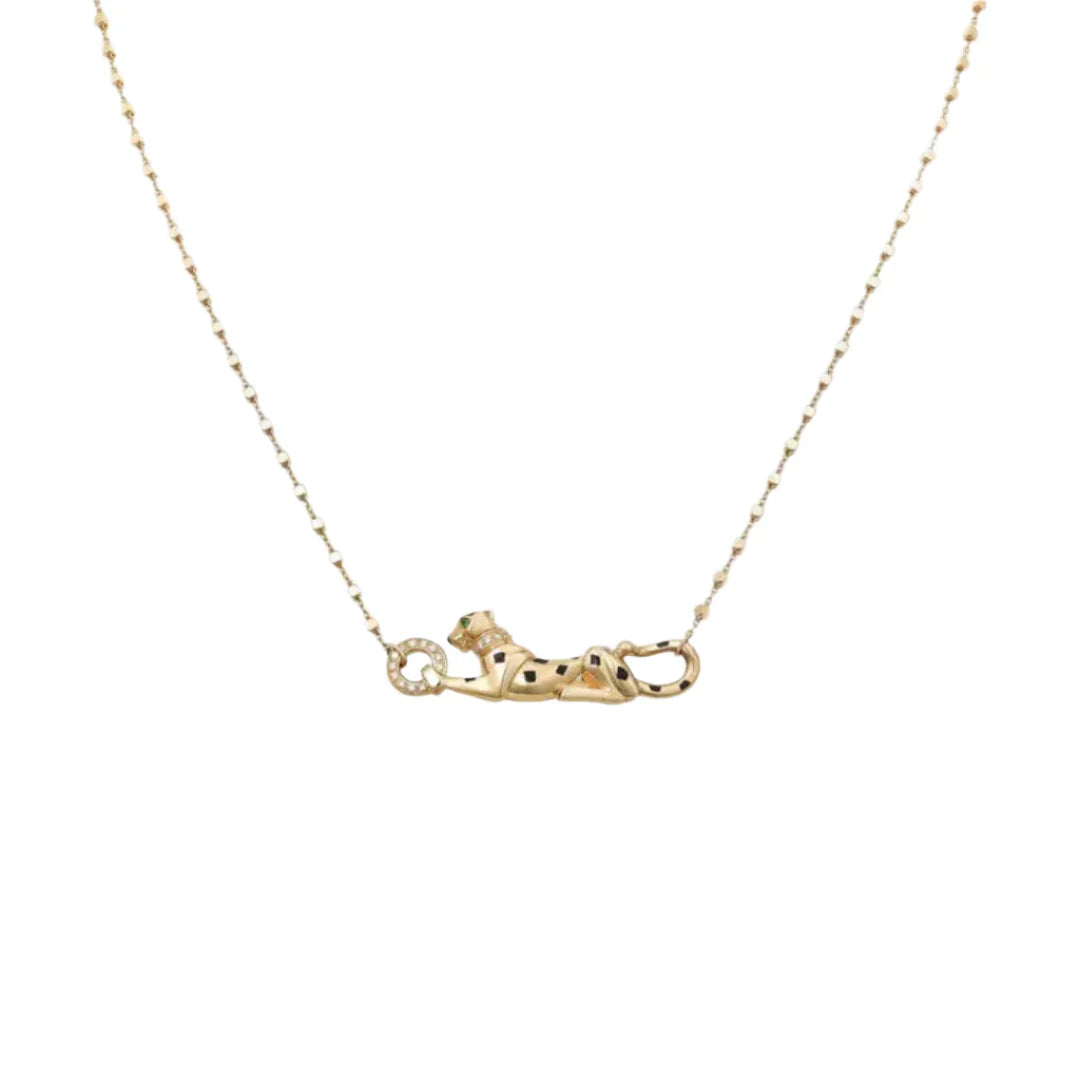 Gold Panther Pendant Necklace With Enamel Detail
