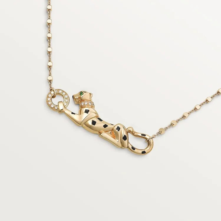 Gold Panther Pendant Necklace With Enamel Detail