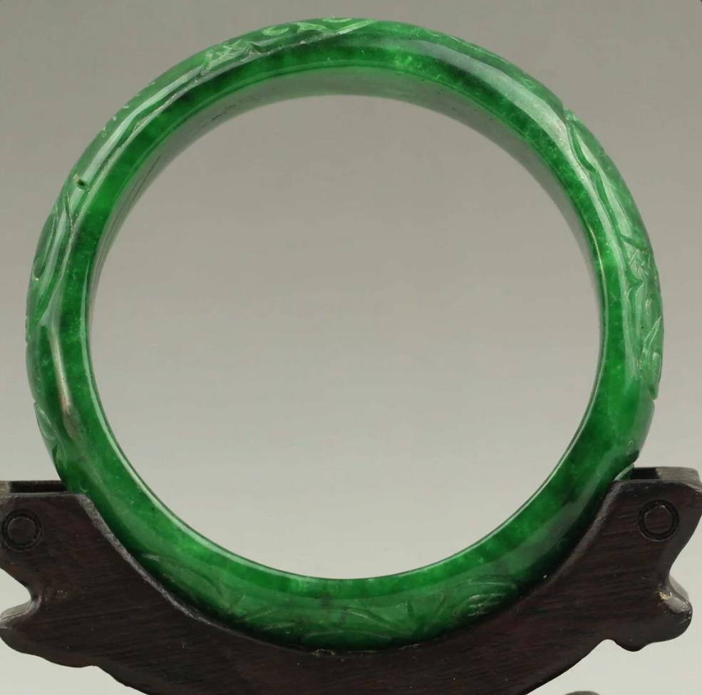 Certified Natural Jadeite Emerald Jade Dragon Ruyi Flower Bangle