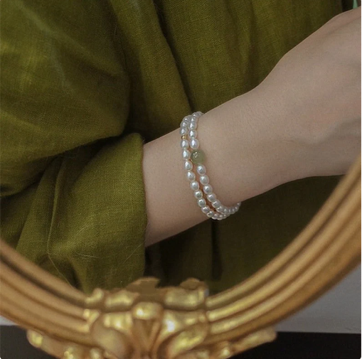 Natural Fresh Water Pearl Stretch Bracelet with Single Light Green Jade Bead or Gold Bead