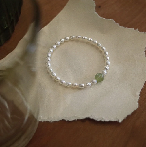 Natural Fresh Water Pearl Stretch Bracelet with Single Light Green Jade Bead or Gold Bead