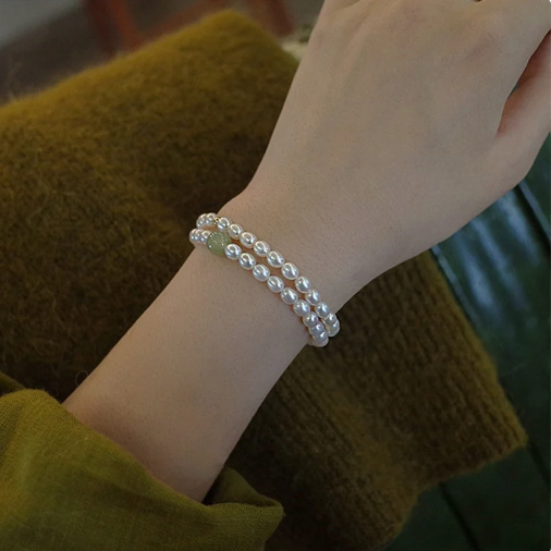 Natural Fresh Water Pearl Stretch Bracelet with Single Light Green Jade Bead or Gold Bead