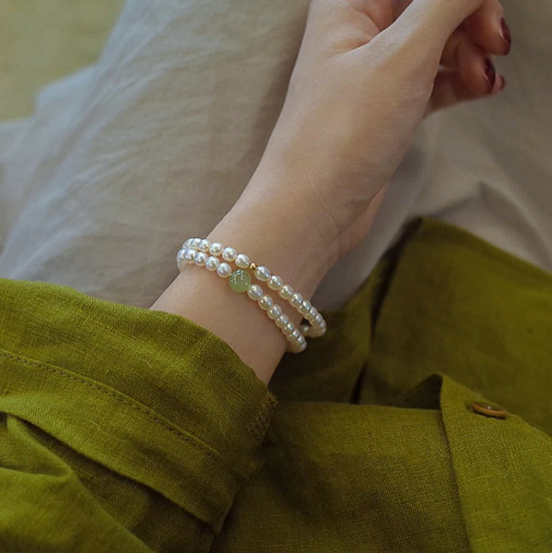 Natural Fresh Water Pearl Stretch Bracelet with Single Light Green Jade Bead or Gold Bead