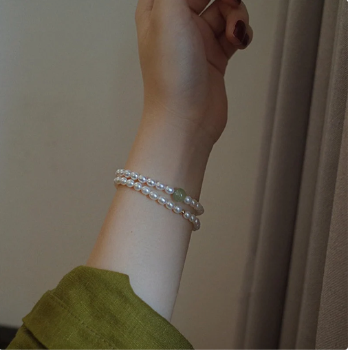 Natural Fresh Water Pearl Stretch Bracelet with Single Light Green Jade Bead or Gold Bead