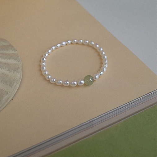Natural Fresh Water Pearl Stretch Bracelet with Single Light Green Jade Bead or Gold Bead