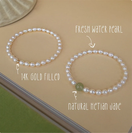 Natural Fresh Water Pearl Stretch Bracelet with Single Light Green Jade Bead or Gold Bead
