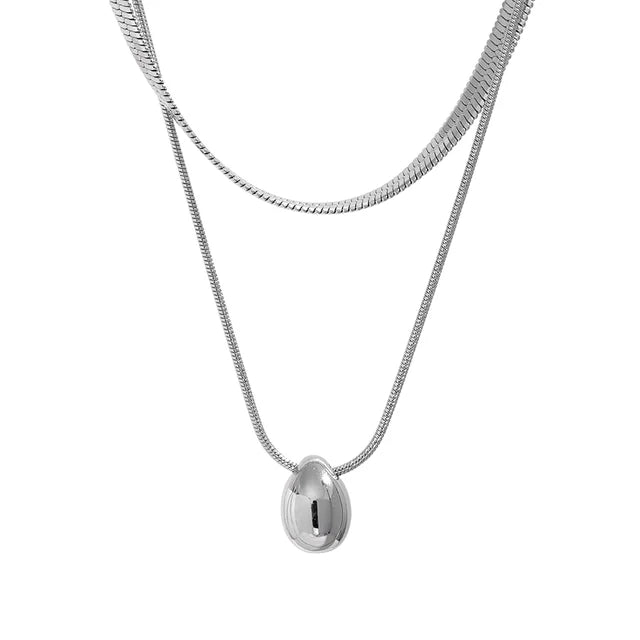 Stainless Steel Water Drop Pendant Necklace with Double Layer Snake Chain