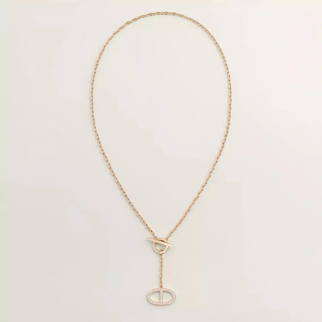 Yellow Gold Lariat Pendant Necklace With Pavé Oval Charm