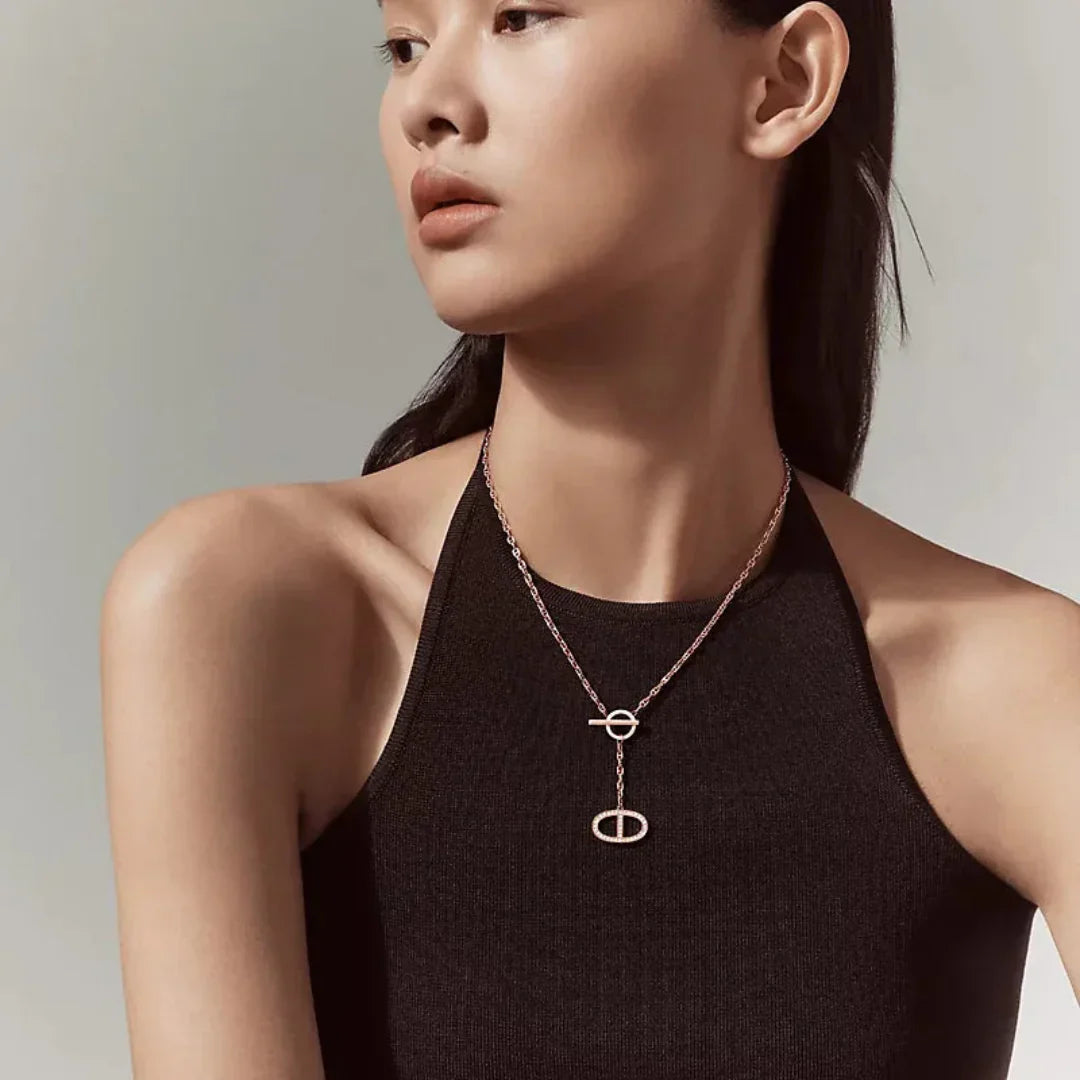 Yellow Gold Lariat Pendant Necklace With Pavé Oval Charm