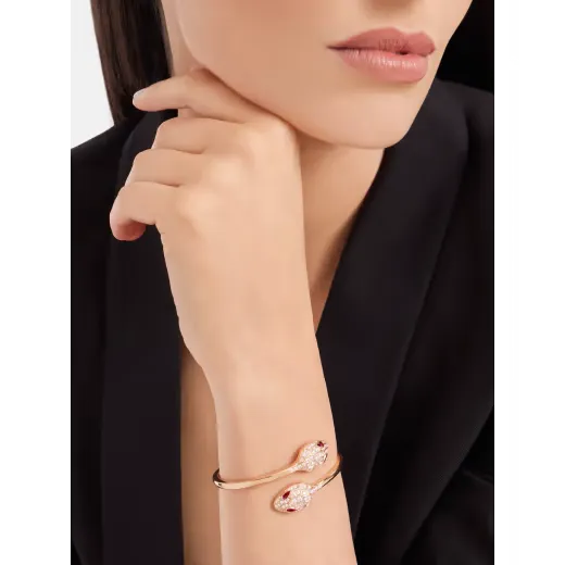 Double Serpent Seduction Bracelet Rose Gold Vermeil Ruby Eyes Diamond Pave