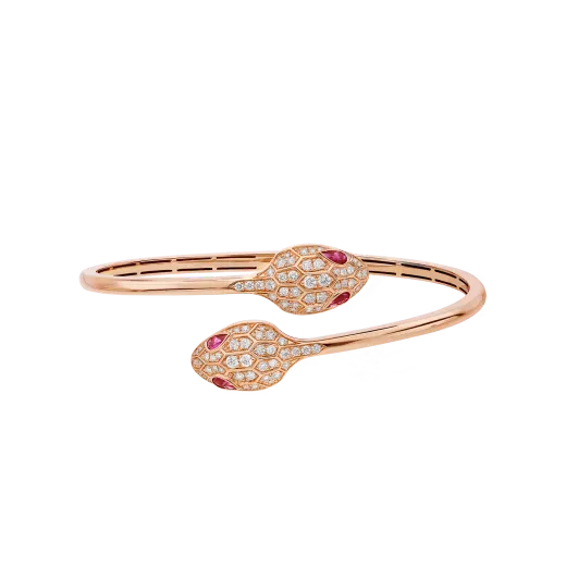 Double Serpent Seduction Bracelet Rose Gold Vermeil Ruby Eyes Diamond Pave