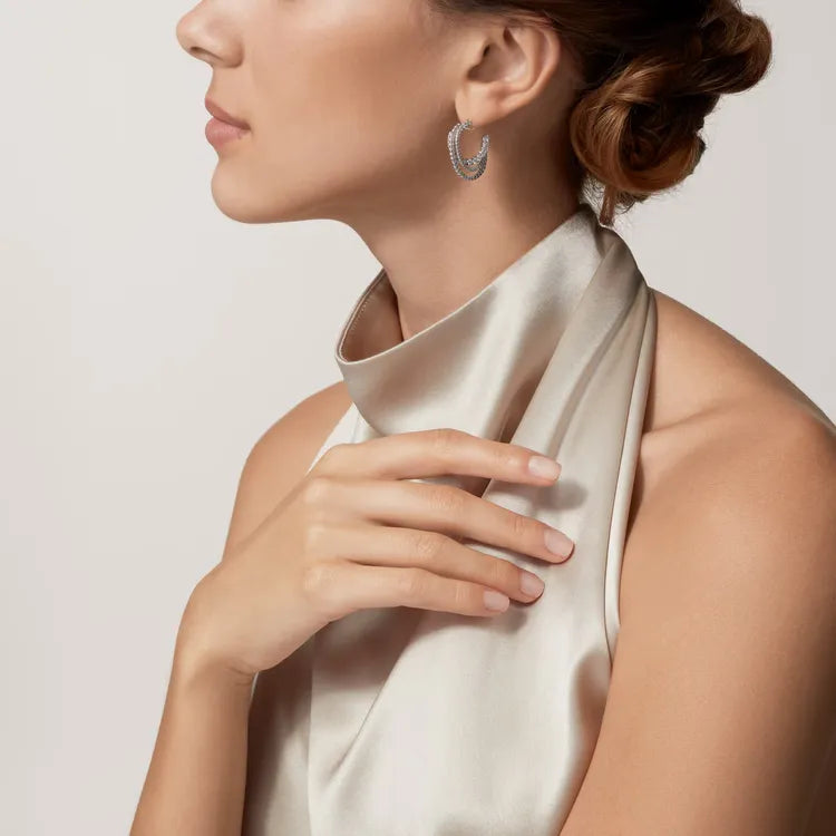 Etincelle Triple Row Hoop Earrings White Gold Vermeil With Diamonds