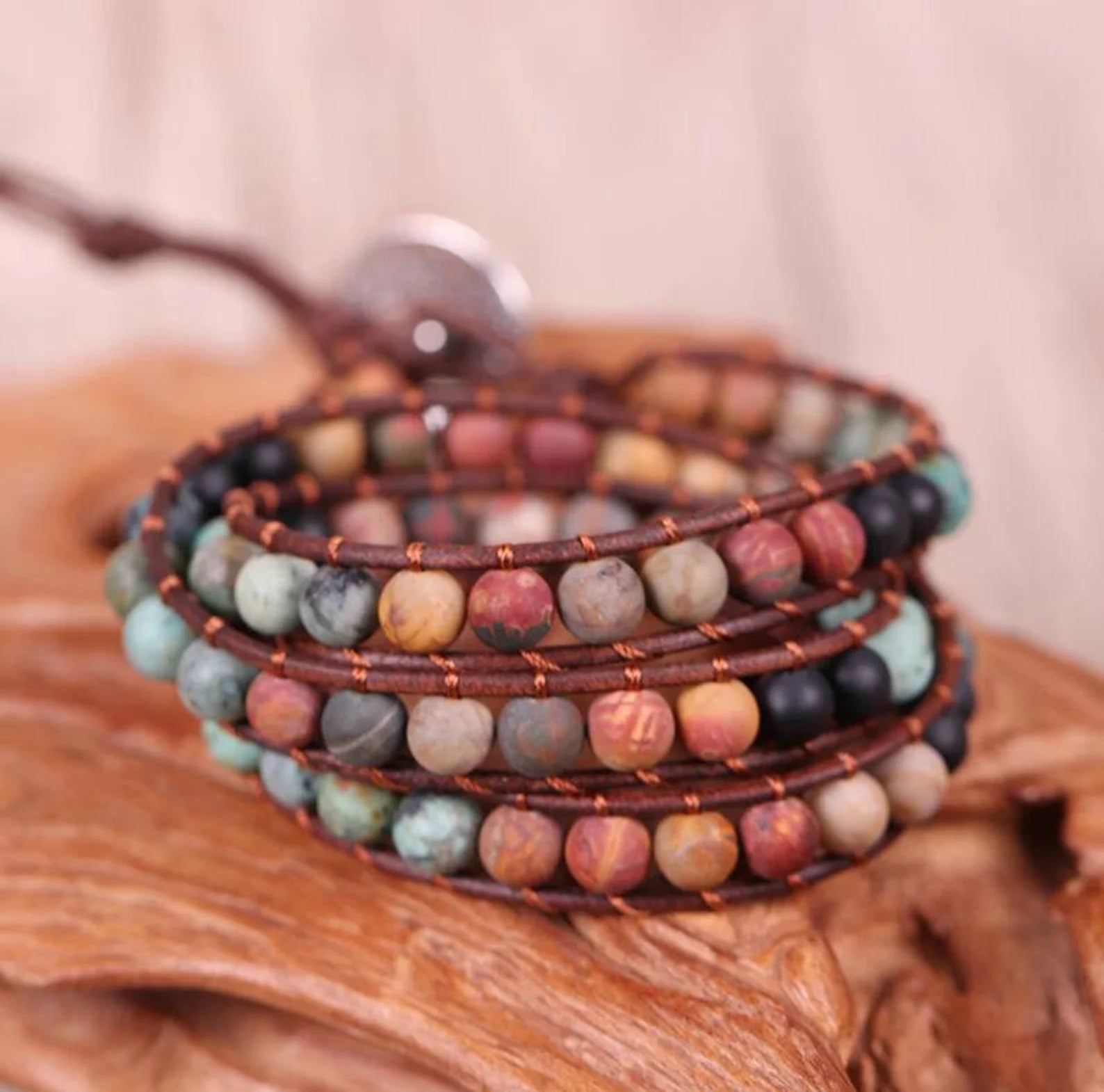 Bead Leather Wrap Bracelet-Jasper Beaded Charm Bracelet