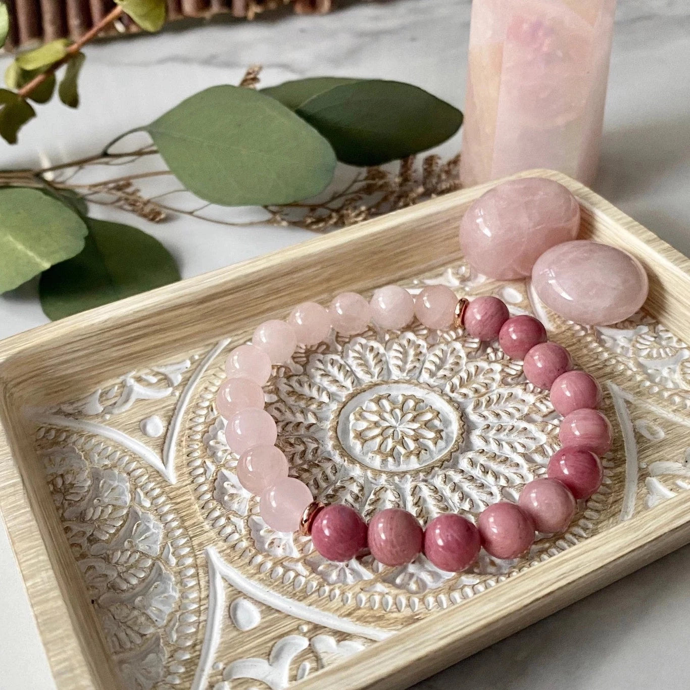 Rose Quartz & Rhodonite beaded Gemstone bracelet