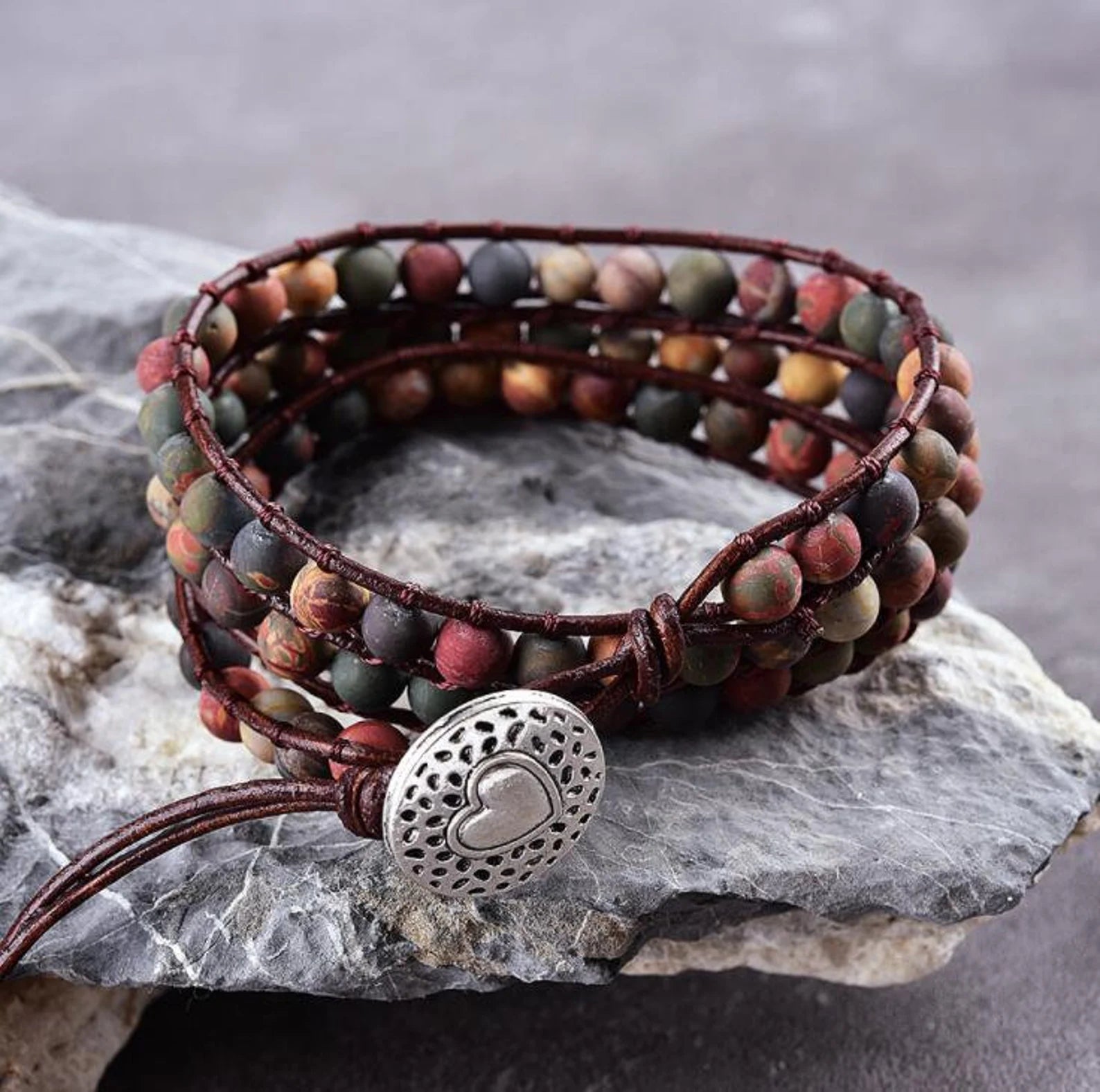 Bead Leather Wrap Bracelet-Jasper Beaded Charm Bracelet