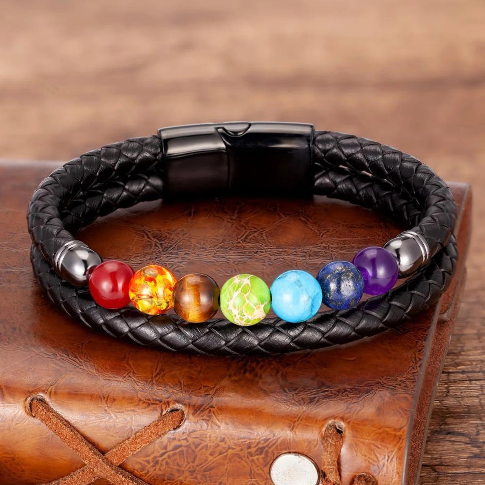 7 Chakra Natural Stone Men's Leather Strength Bracelet