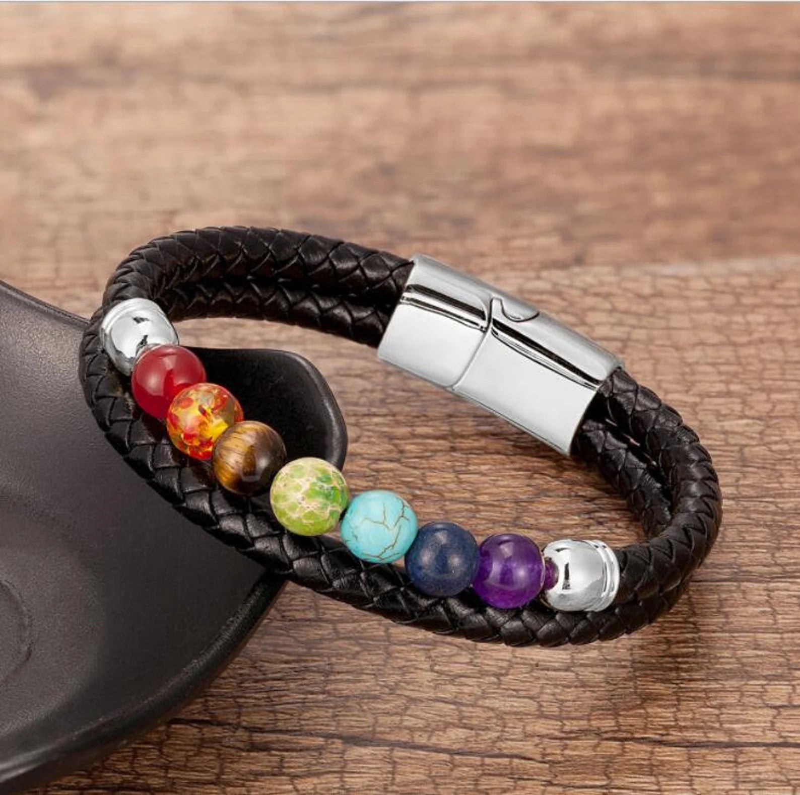 7 Chakra Natural Stone Men's Leather Strength Bracelet