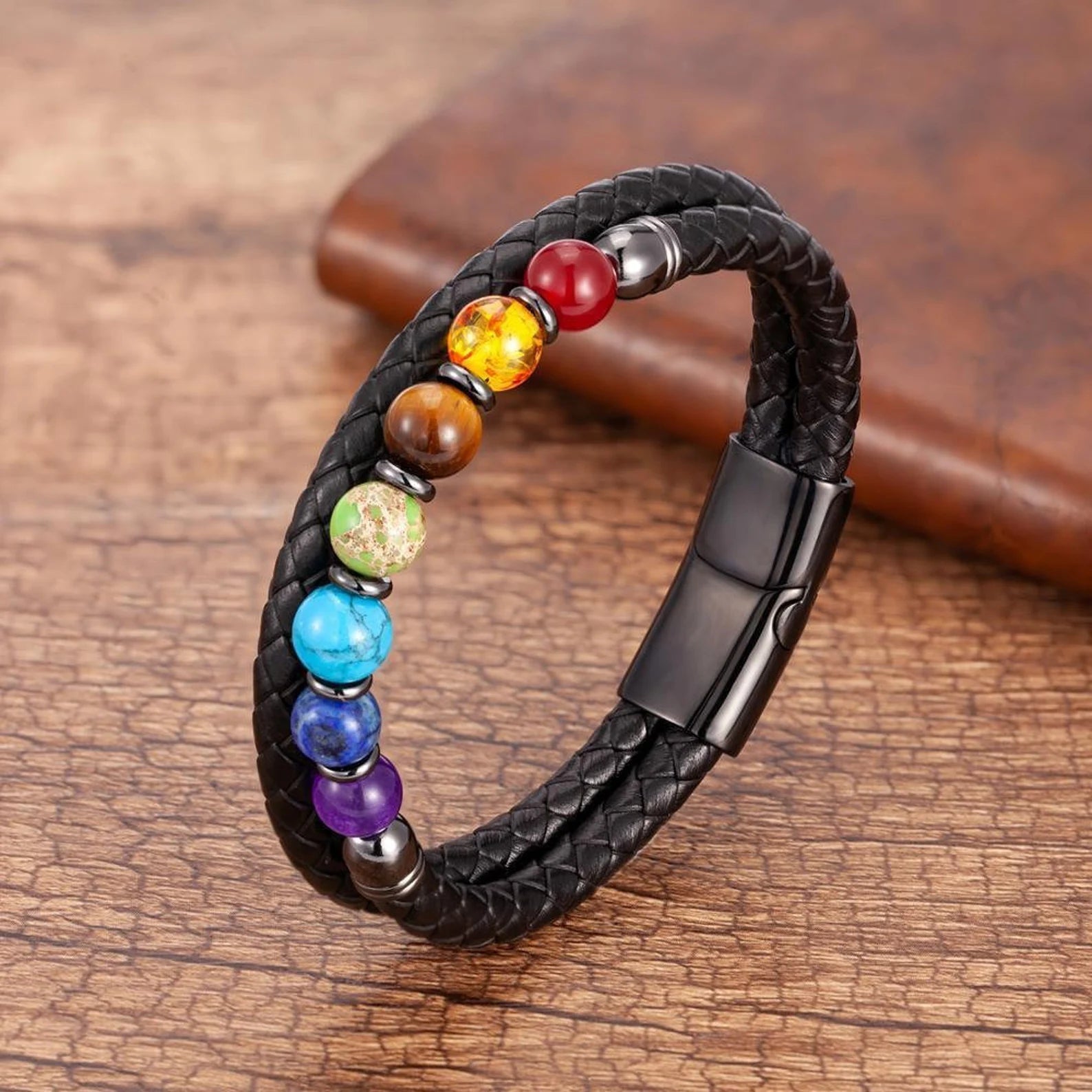 7 Chakra Natural Stone Men's Leather Strength Bracelet