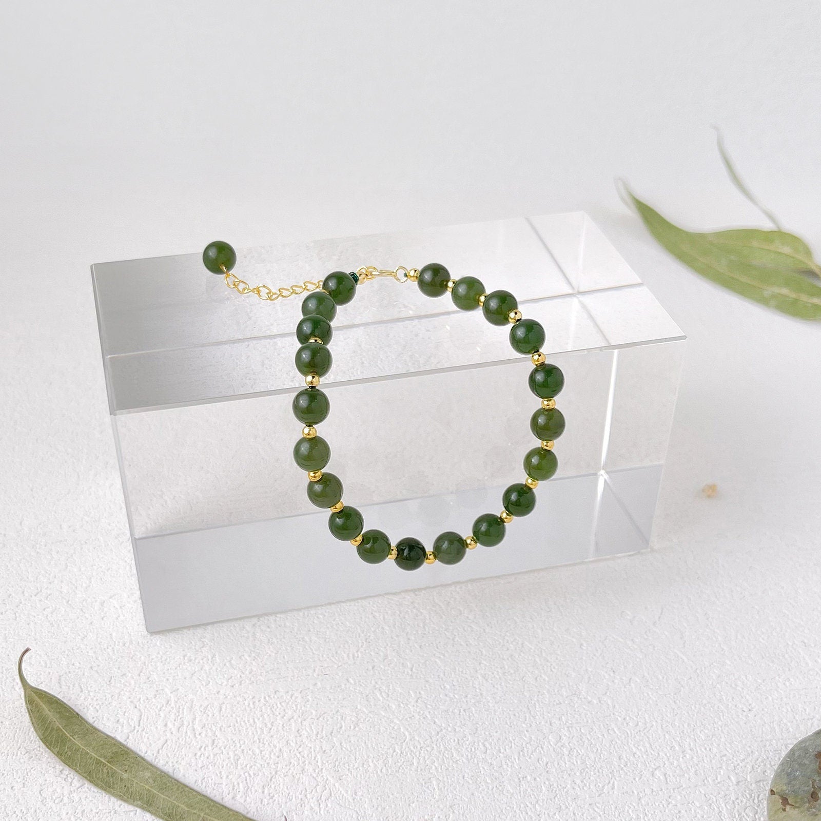 Dainty Green Jade Beaded 18K Gold bracelet