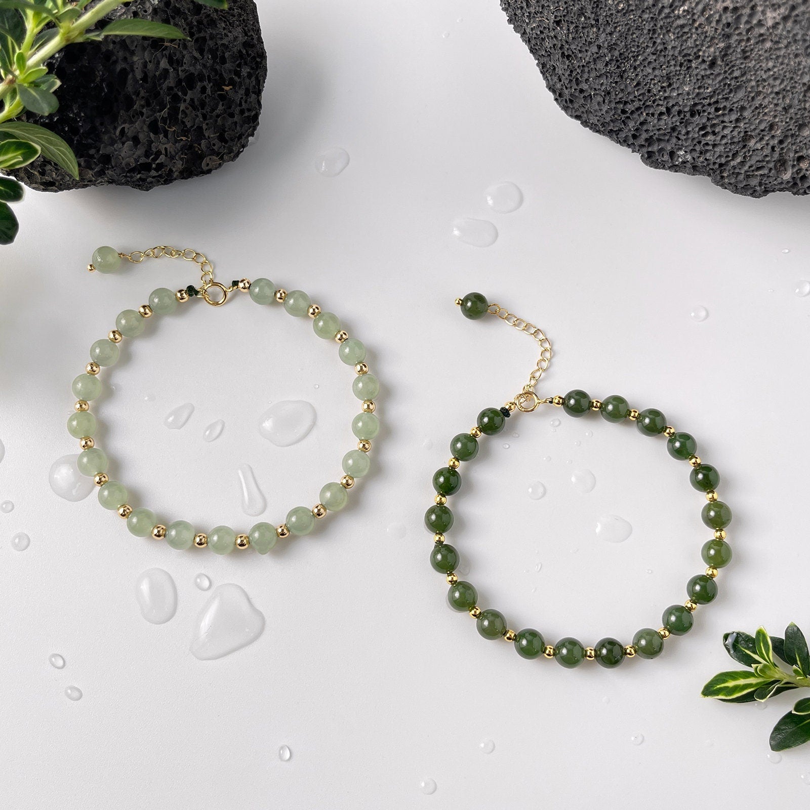 Dainty Green Jade Beaded 18K Gold bracelet