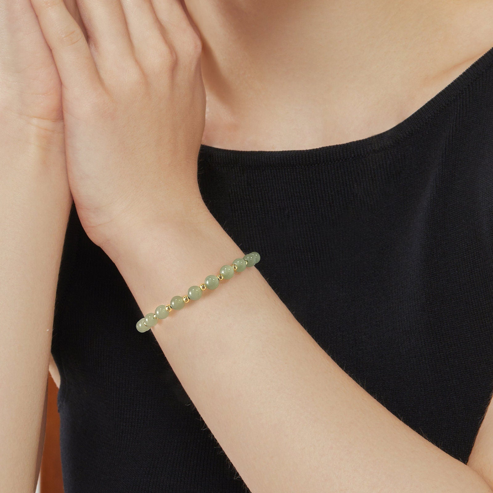 Dainty Green Jade Beaded 18K Gold bracelet