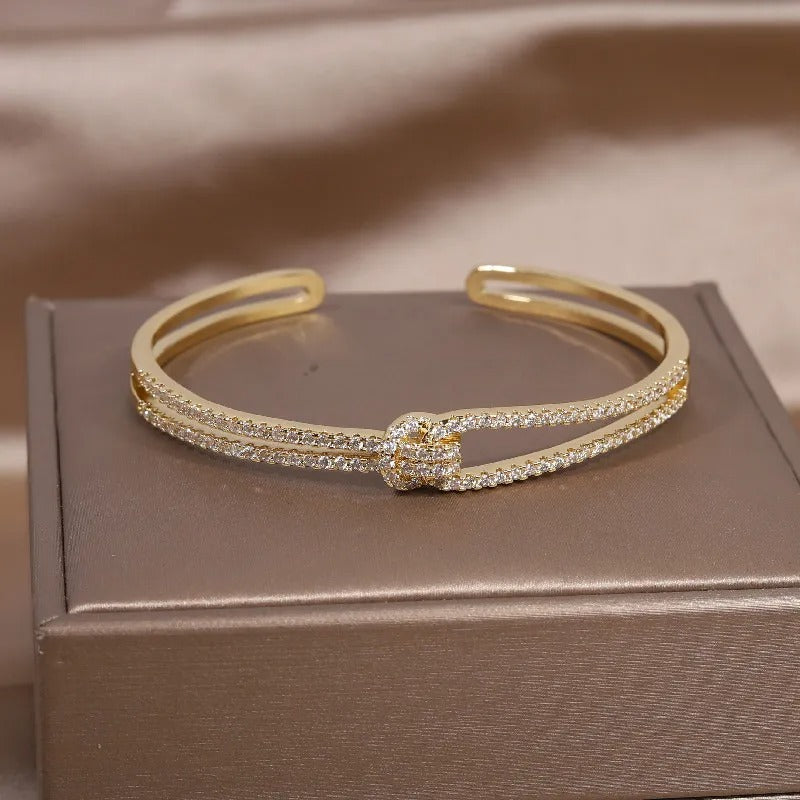 Exquisite 4K Real Gold-Plated Bracelet with AAA Luxury Full Zircon Knot Detail - Elegant and Adjustable