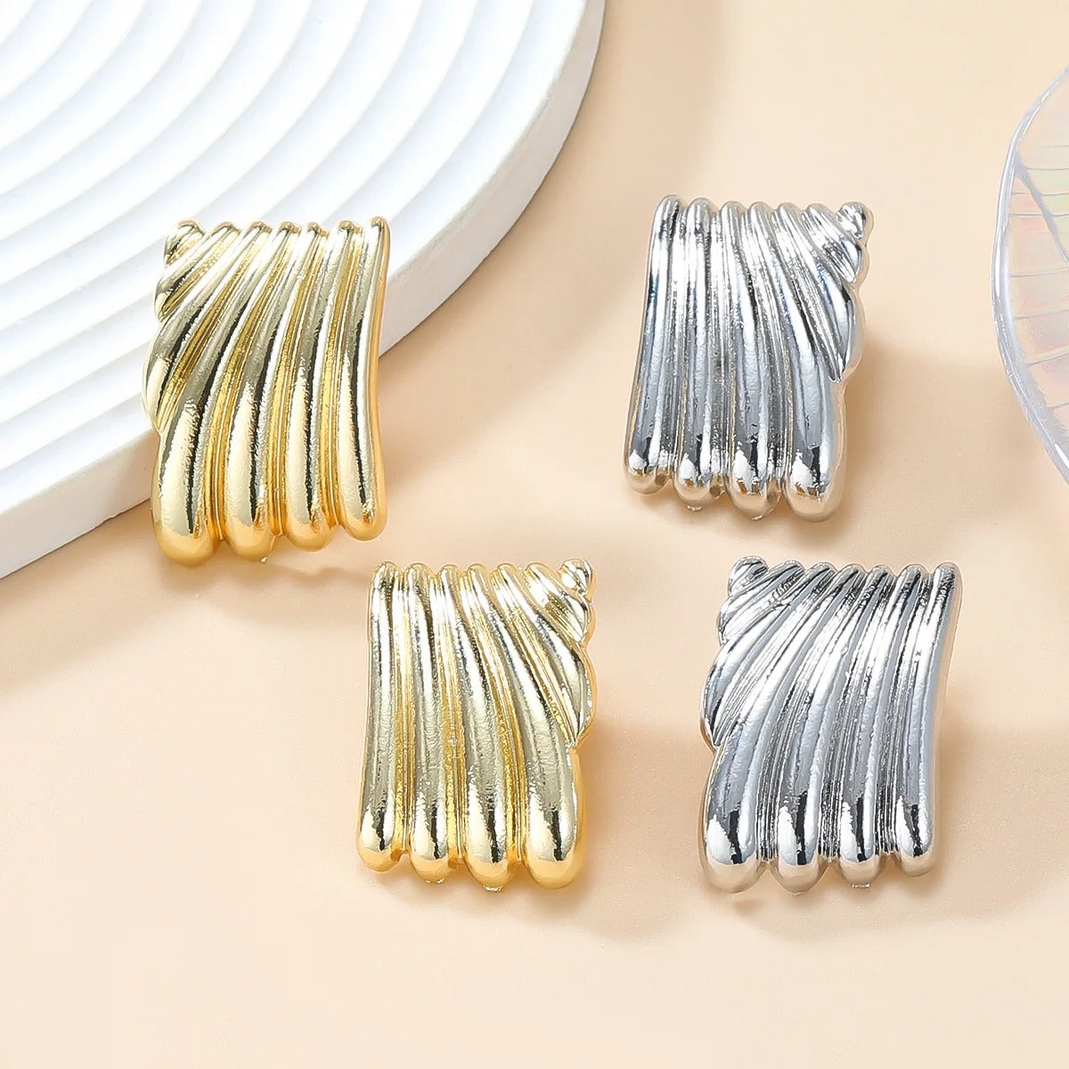 Metal Square Striped Wave Large Stud Earrings