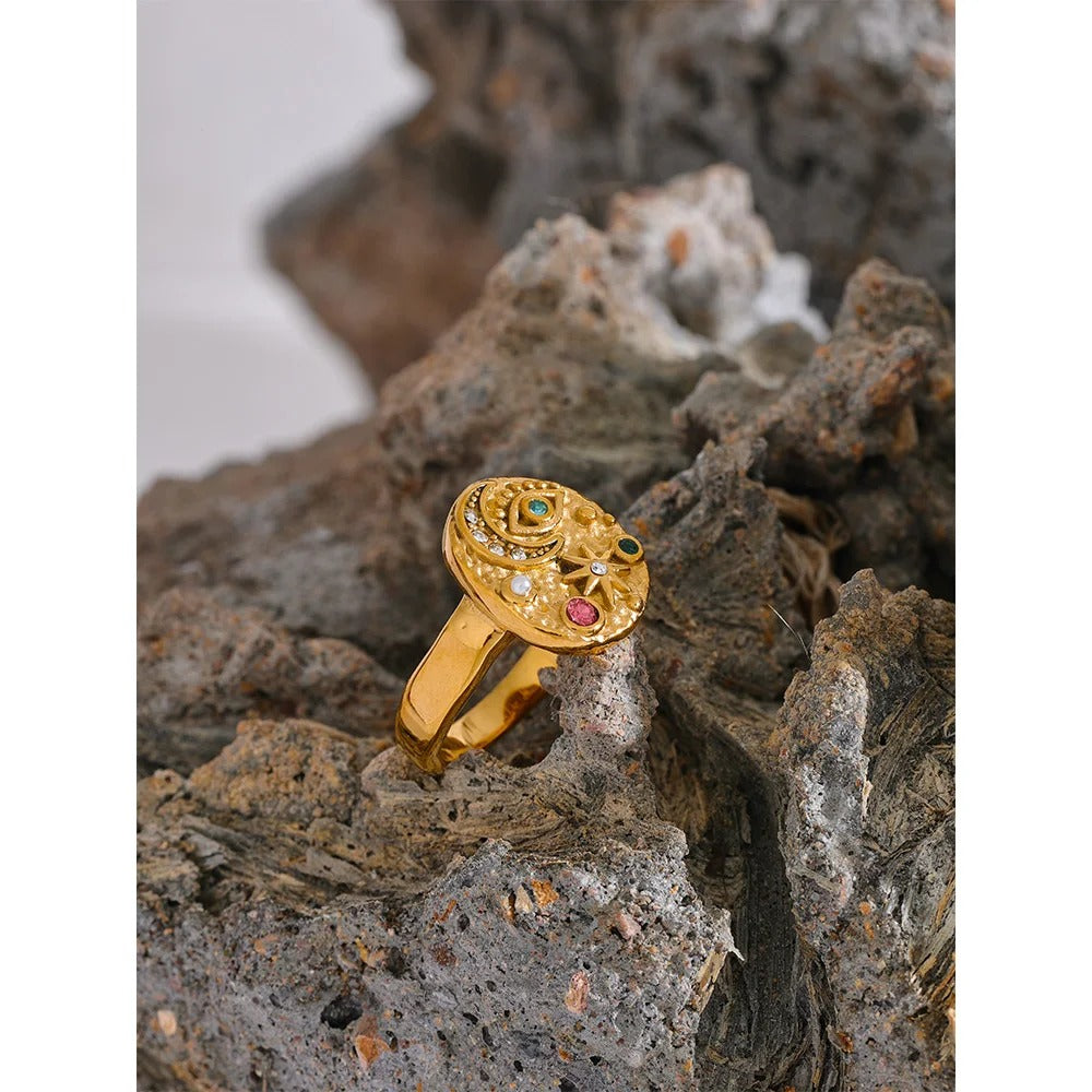 Stainless Steel Star and Moon Eye Ring