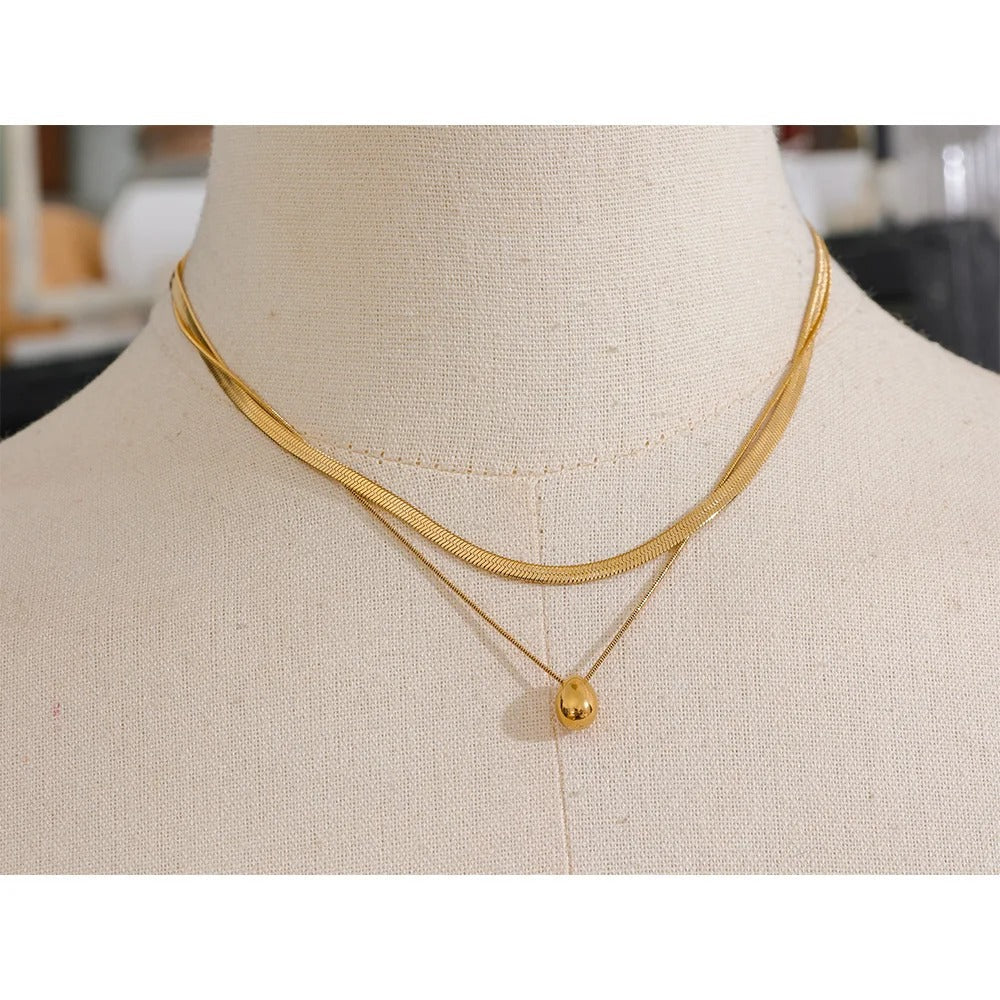 Stainless Steel Water Drop Pendant Necklace with Double Layer Snake Chain