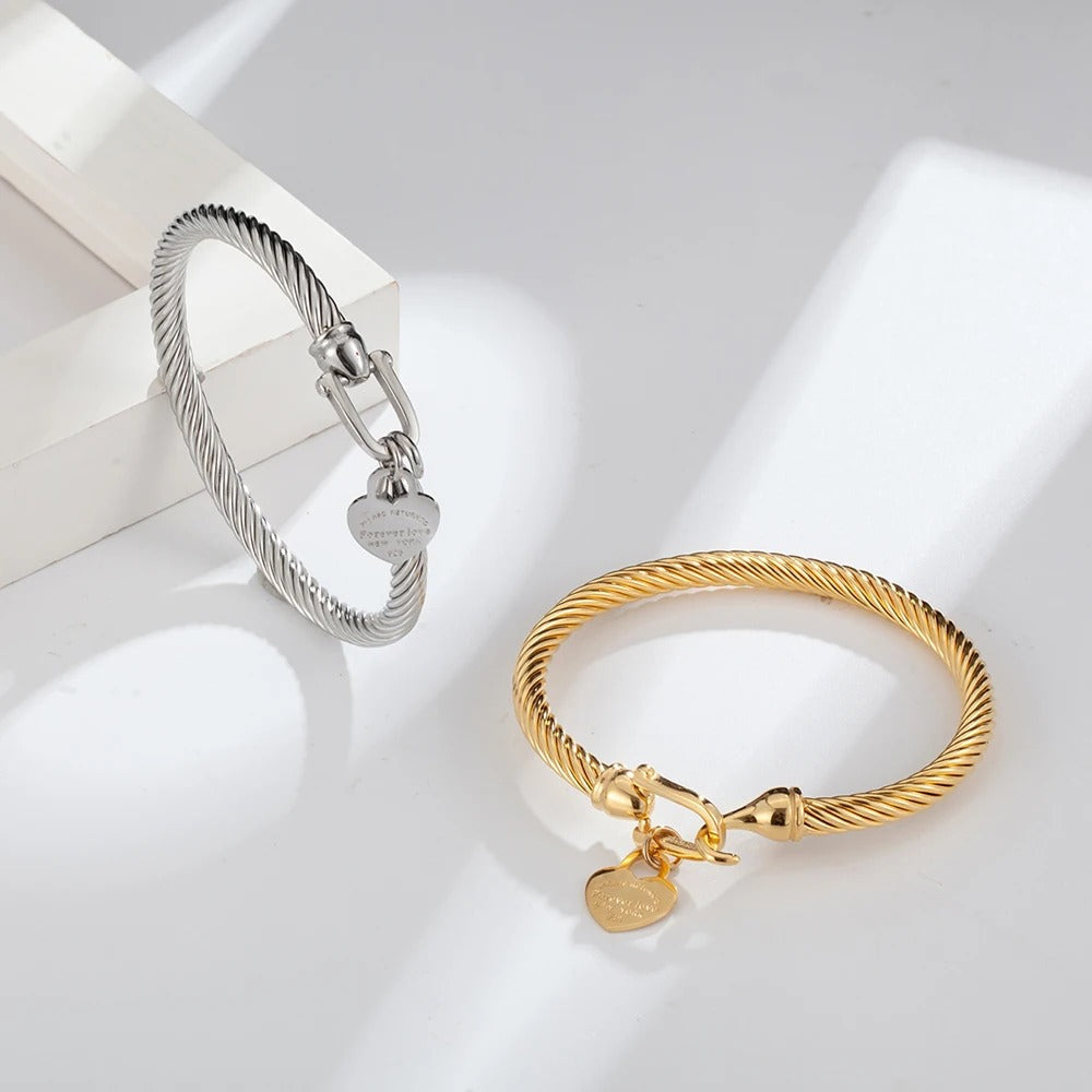 Heart Charm Stainless Steel Cable Wire Cuff Bangle Bracelet