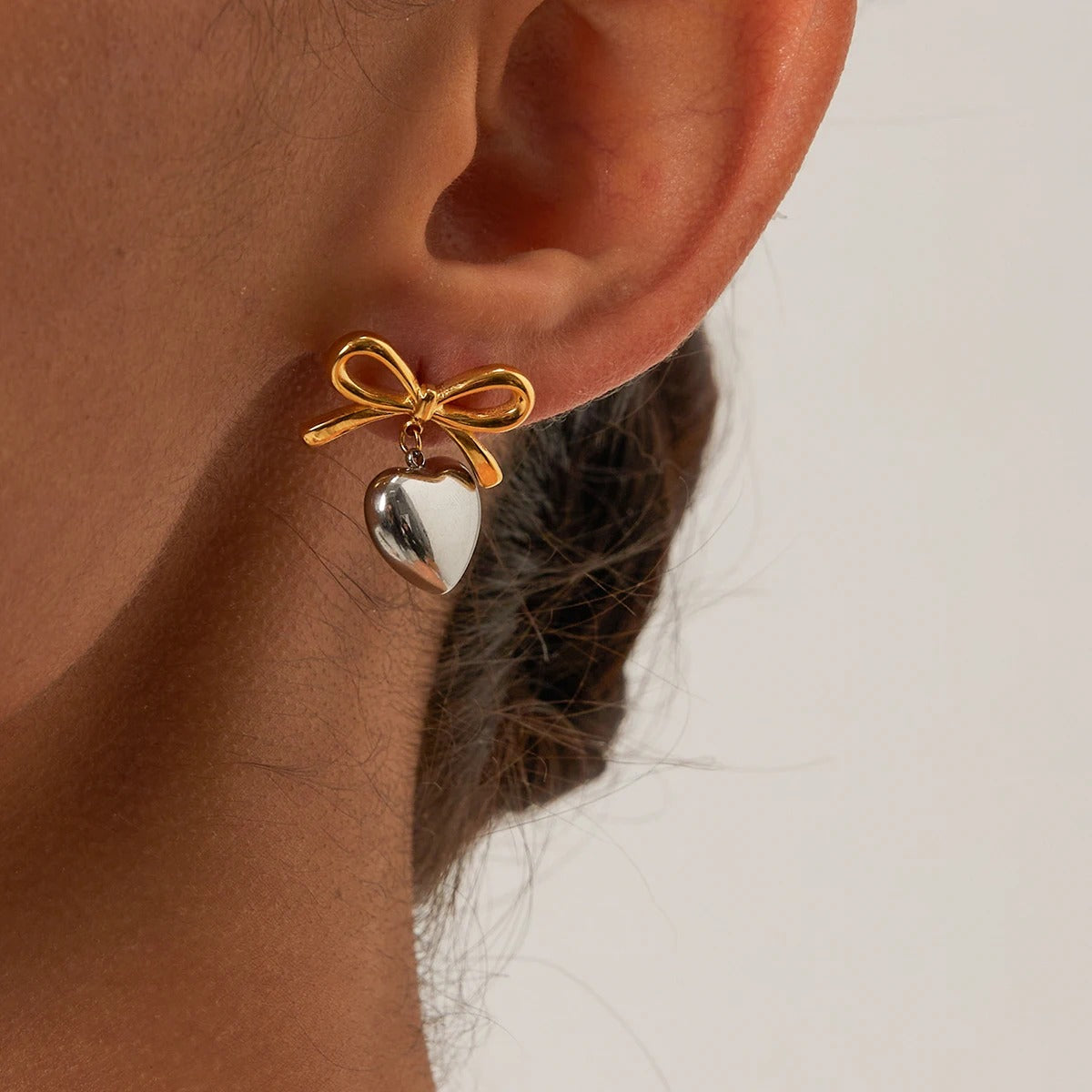 Elegant Bow Heart Pendant Earrings in Waterproof Stainless Steel for Women