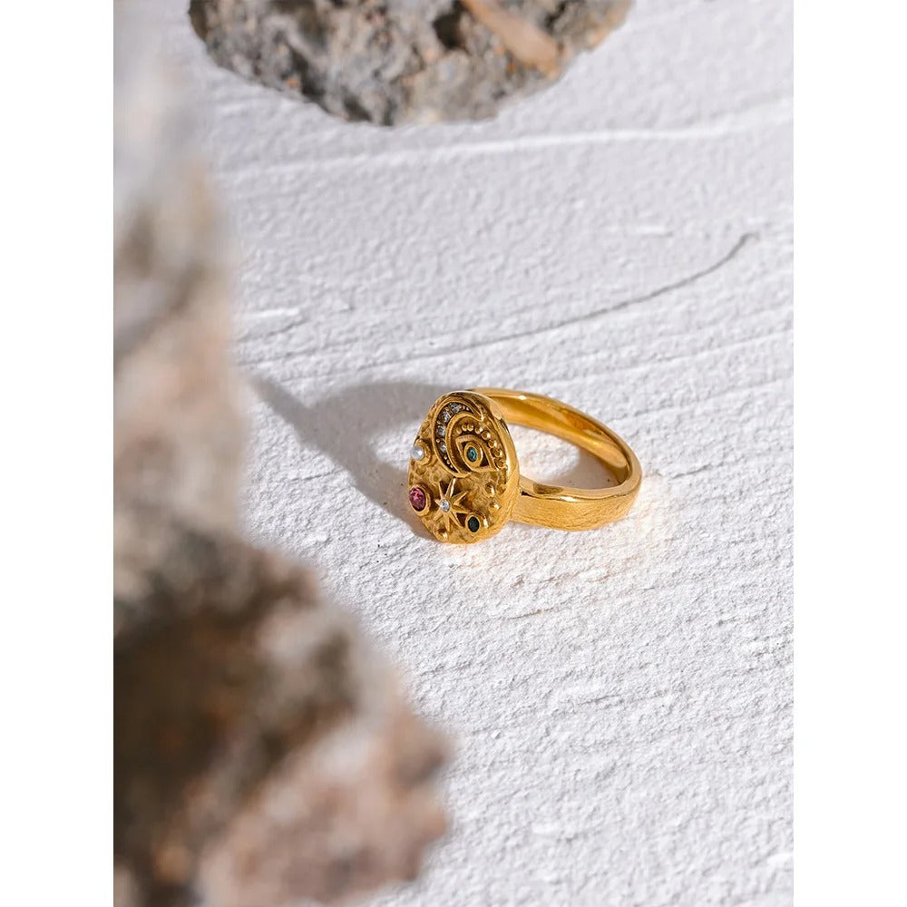 Stainless Steel Star and Moon Eye Ring