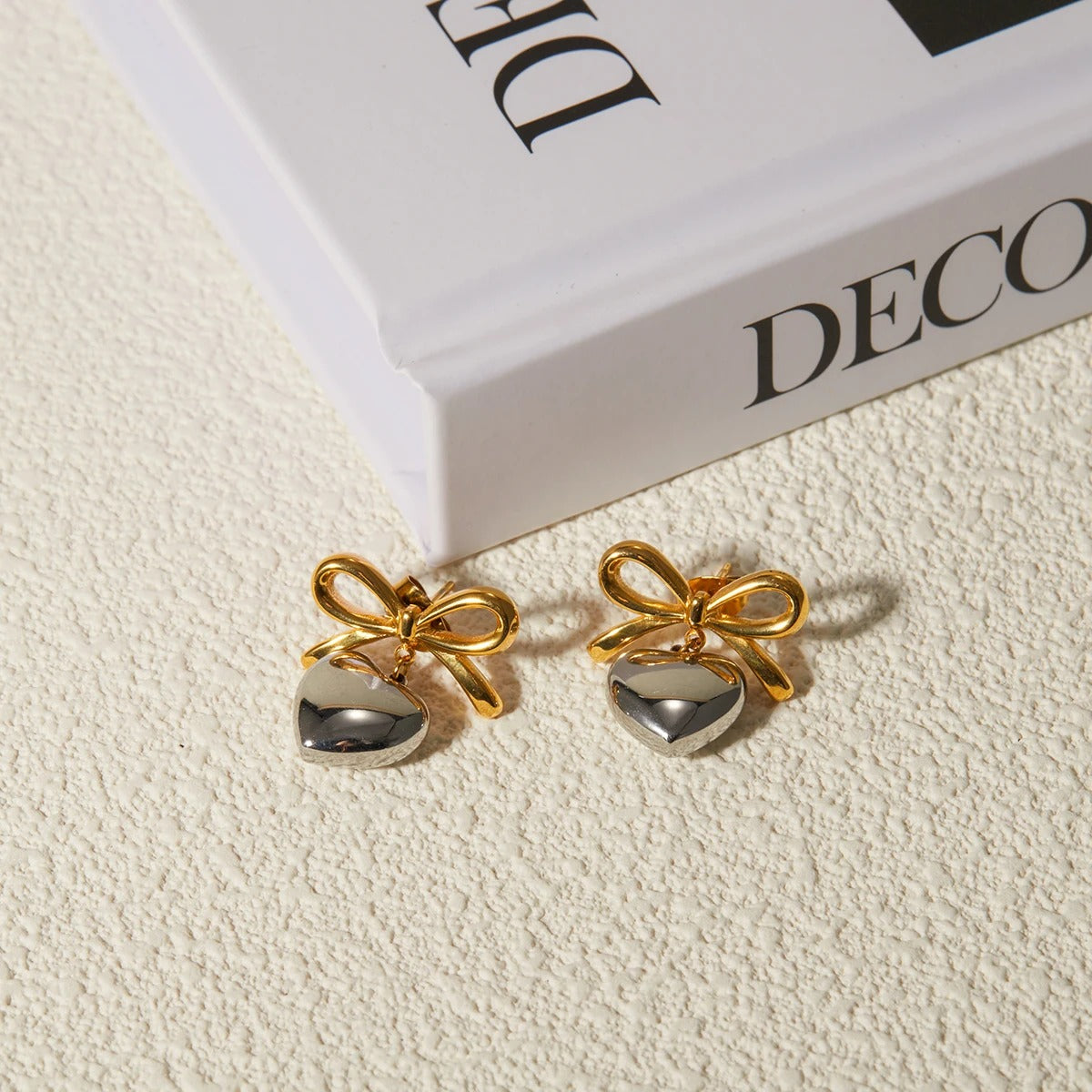 Elegant Bow Heart Pendant Earrings in Waterproof Stainless Steel for Women