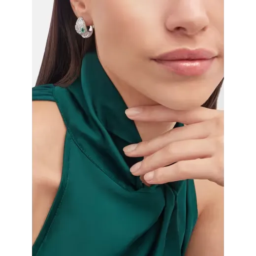 Serpenti Emerald-Eyed Earrings with Pavé Diamonds in White Gold Vermeil