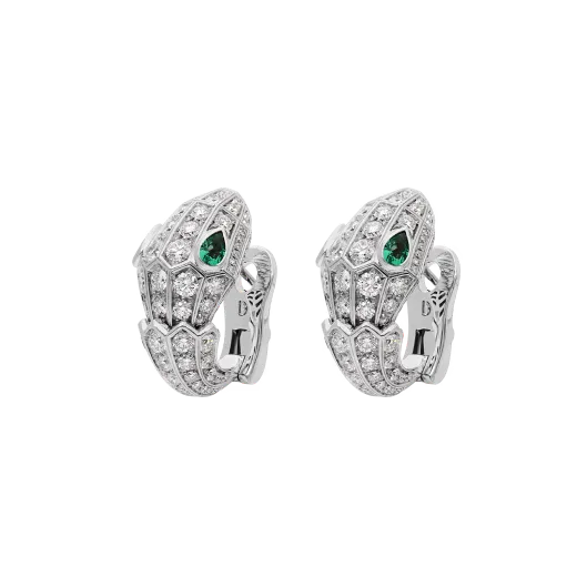 Serpenti Emerald-Eyed Earrings with Pavé Diamonds in White Gold Vermeil