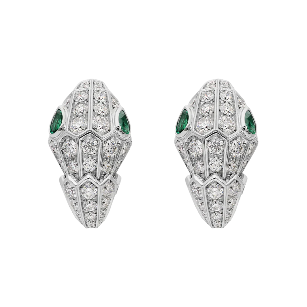 Serpenti Emerald-Eyed Earrings with Pavé Diamonds in White Gold Vermeil