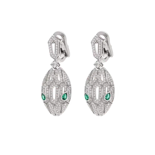 Serpenti Seduttori Drop Earrings with Emerald Eyes & Pavé Diamonds in White Gold Vermeil