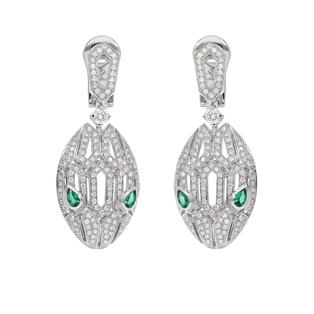 Serpenti Seduttori Drop Earrings with Emerald Eyes & Pavé Diamonds in White Gold Vermeil