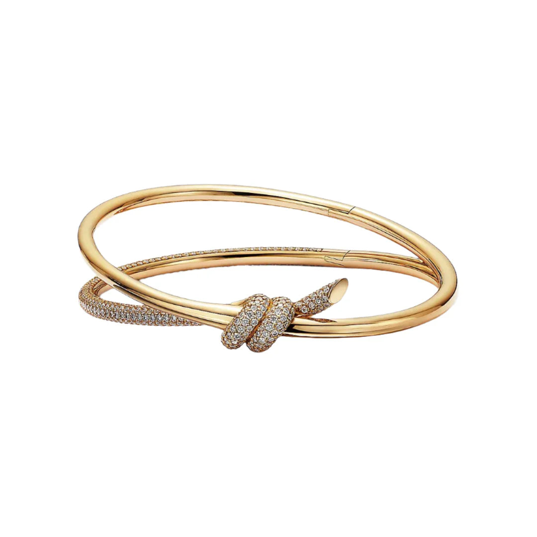 Knot Double Row Hinged Bangle in Yellow Gold Full Diamonds