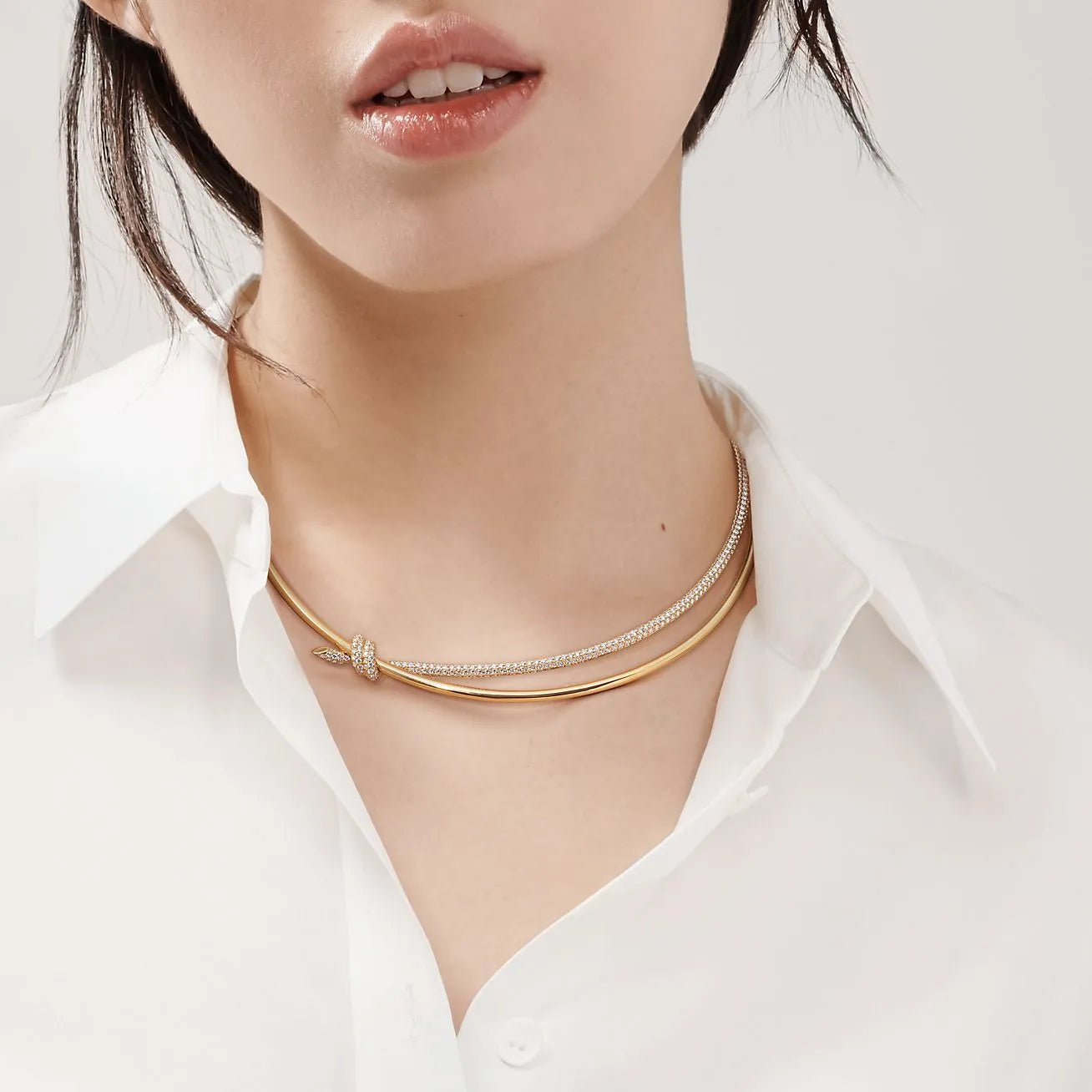 Knot Double Row Necklace Yellow Gold Full Diamonds