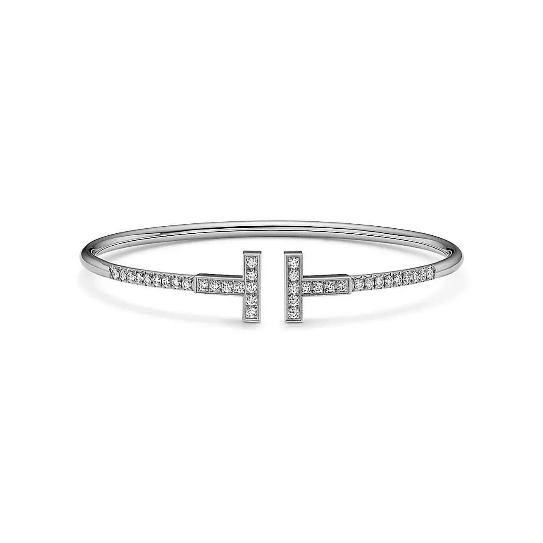 T Pave Diamond Wire Bangle in White Gold